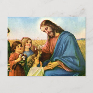 Vintage Children Bring Flowers to Jesus Christ Postcard