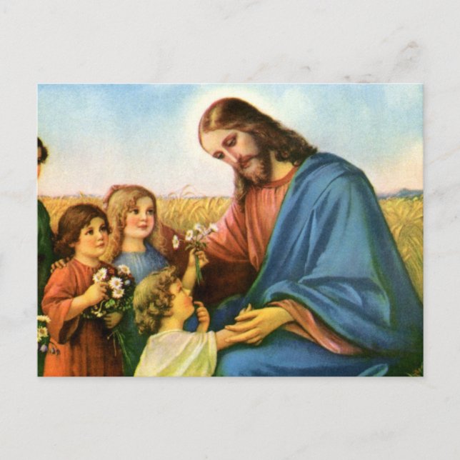 Vintage Children Bring Flowers to Jesus Christ Postcard (Front)