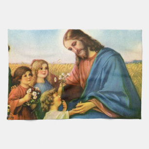 Vintage Children Bring Flowers to Jesus Christ Tea Towel
