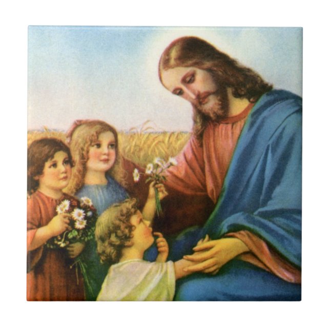 Vintage Children Bring Flowers to Jesus Christ Tile (Front)
