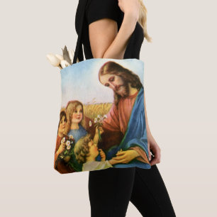 Vintage Children Bring Flowers to Jesus Christ Tote Bag