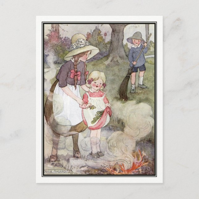 Vintage Children Burning Leaves by Anne Anderson Postcard (Front)