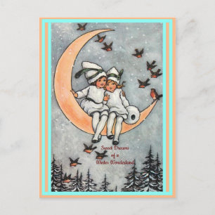 Vintage Children, Crescent Moon, Winter Snow Birds Postcard