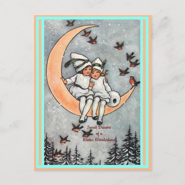 Vintage Children, Crescent Moon, Winter Snow Birds Postcard (Front)