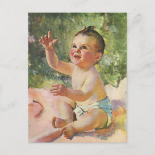 Vintage Children, Cute Baby Girl on a Pink Blanket Postcard