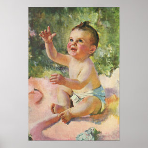 Vintage Children, Cute Baby Girl on a Pink Blanket Poster