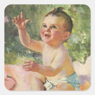 Vintage Children, Cute Baby Girl on a Pink Blanket Square Sticker