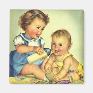 Vintage Children, Cute Happy Toddlers Smile Bottle Magnet