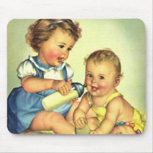 Vintage Children, Cute Happy Toddlers Smile Bottle Mouse Mat