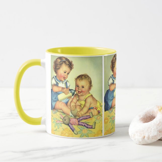 Vintage Children, Cute Happy Toddlers Smile Bottle Mug (With Donut)
