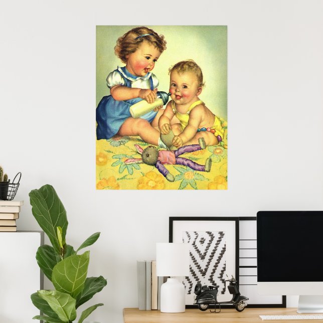 Vintage Children, Cute Happy Toddlers Smile Bottle Poster (Home Office)