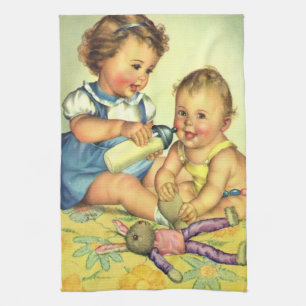 Vintage Children, Cute Happy Toddlers Smile Bottle Tea Towel