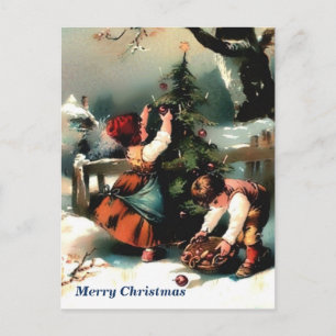 Vintage Children Decorating Outdoor Christmas Tree Postcard