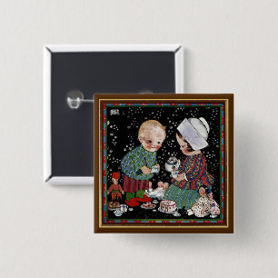 Vintage Children Having a Pretend Tea Party 15 Cm Square Badge