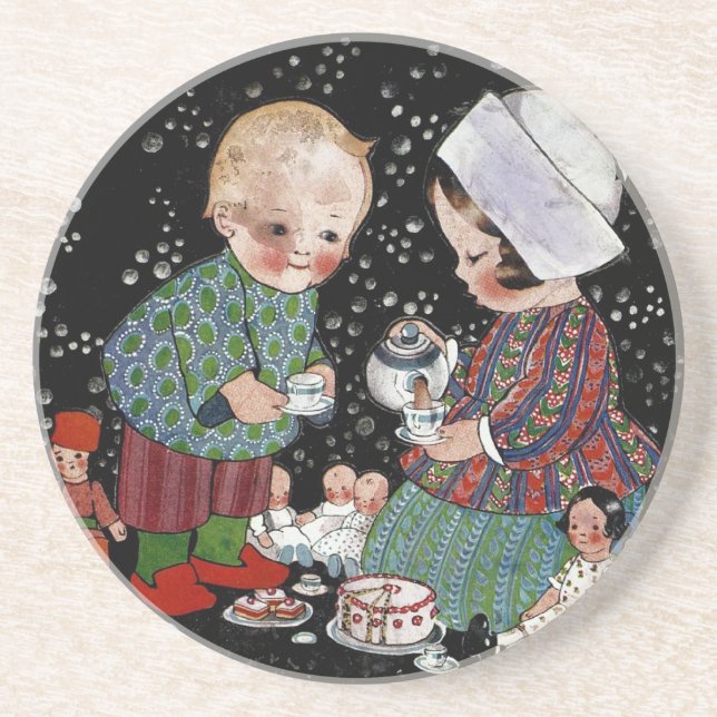 Vintage Children Having a Pretend Tea Party Coaster (Front)