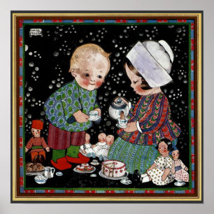 Vintage Children Having a Pretend Tea Party Poster