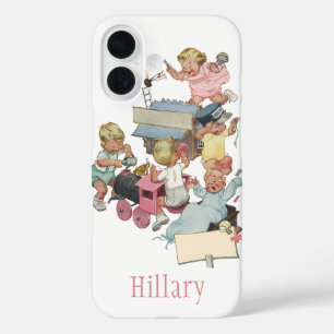Vintage Children Having Fun Playing w Toy Trains iPhone 16 Case