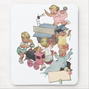 Vintage Children Having Fun Playing w Toy Trains Mouse Mat