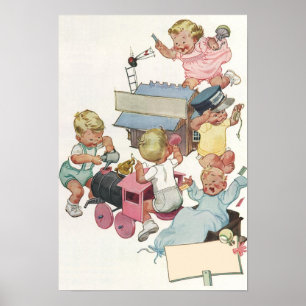 Vintage Children Having Fun Playing w Toy Trains Poster