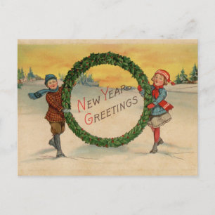 Vintage Children Holding Wreath Happy New Year Postcard