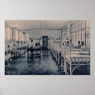 Vintage children in sanatorium hospital beds poster