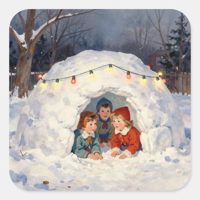 Vintage Children in Snow Fort Square Sticker (Front)