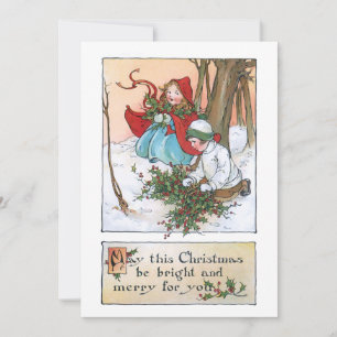 Vintage Children in Snow with Christmas Holly Holiday Card