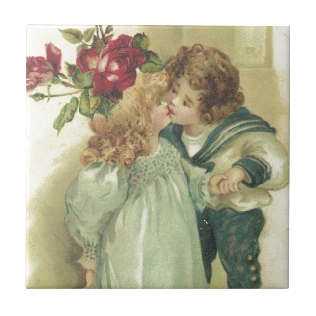 Vintage Children Kiss A Birthday Greeting Tile (Front)