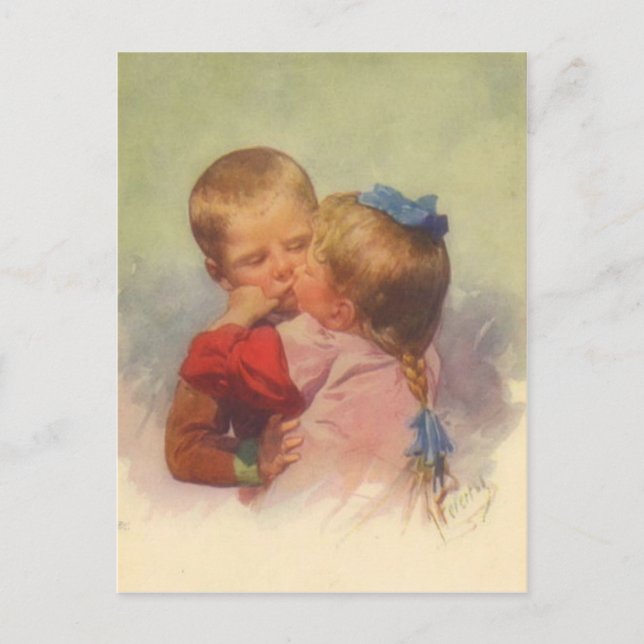 Vintage Children Kissing Art, Karl Feiertag 1910 Postcard (Front)