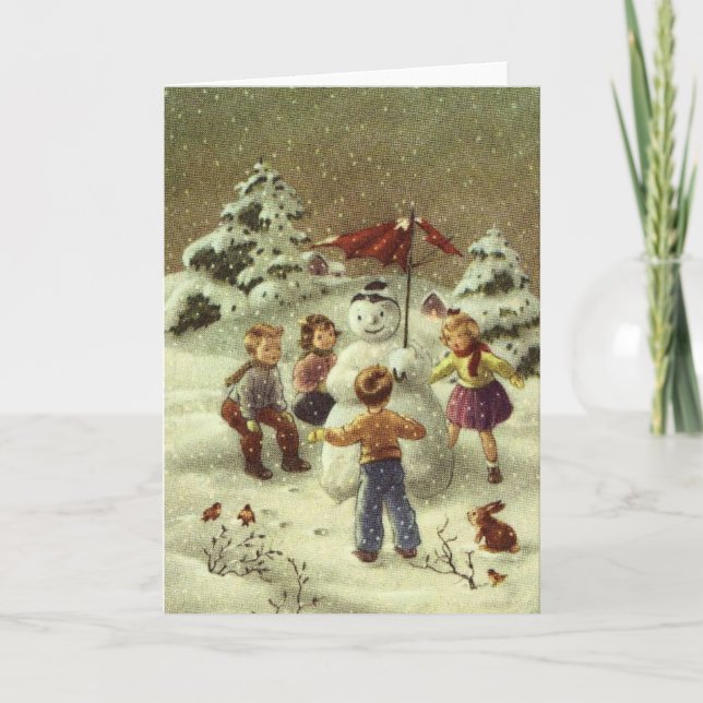 Vintage Children Making a snowman Holiday Card (Front)