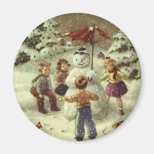Vintage Children Making a snowman Magnet