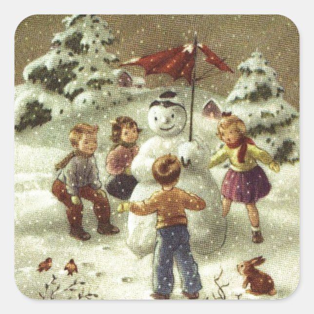 Vintage Children Making a snowman Square Sticker (Front)