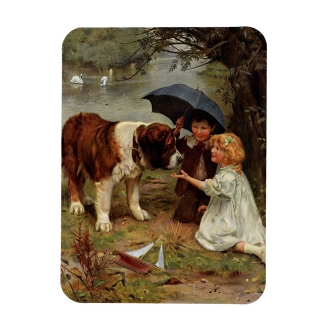 Vintage - Children Meeting a St. Bernard Dog, Magnet (Vertical)