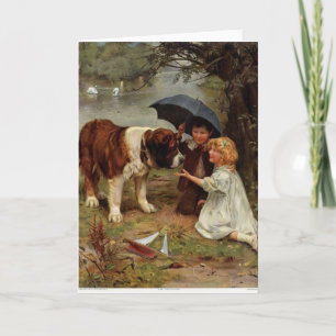 Vintage - Children Meeting to St. Bernard Dog Card