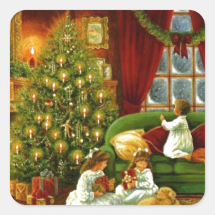 Vintage Children Opening Christmas Gifts Square Sticker