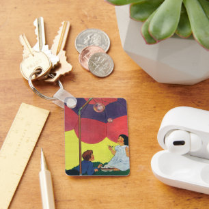 Vintage Children Play Girl and Boy Blowing Bubbles Key Ring