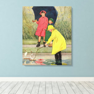 Vintage Children Playing in Puddles "A Rainy Day" Canvas Print