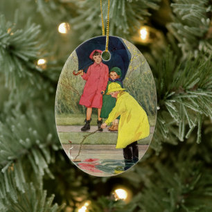 Vintage Children Playing in Puddles "A Rainy Day" Ceramic Tree Decoration