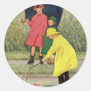 Vintage Children Playing in Puddles "A Rainy Day" Classic Round Sticker