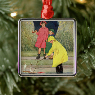 Vintage Children Playing in Puddles "A Rainy Day" Metal Tree Decoration