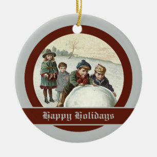Vintage children playing in winter ceramic tree decoration