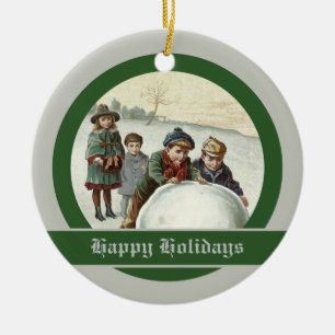 Vintage children playing in winter ceramic tree decoration