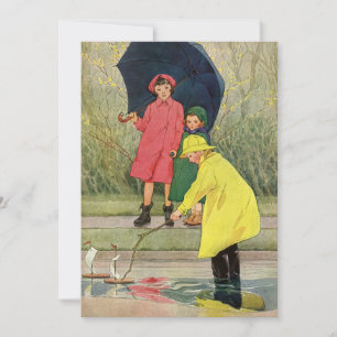 Vintage Children Playing Puddles Toy Boats Rain