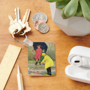 Vintage Children Playing Puddles Toy Boats Rain Key Ring