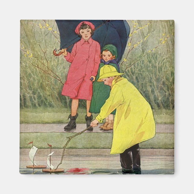 Vintage Children Playing Puddles Toy Boats Rain Magnet (Front)