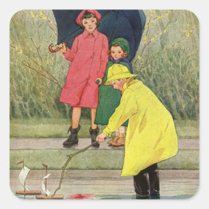 Vintage Children Playing Puddles Toy Boats Rain Square Sticker