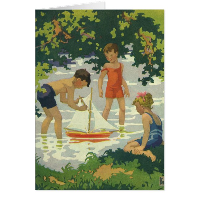 Vintage Children Playing Toy Sailboats Summer Pond (Front)