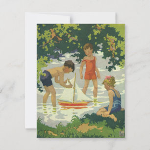 Vintage Children Playing Toy Sailboats Summer Pond