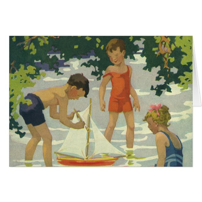 Vintage Children Playing Toy Sailboats Summer Pond (Front Horizontal)