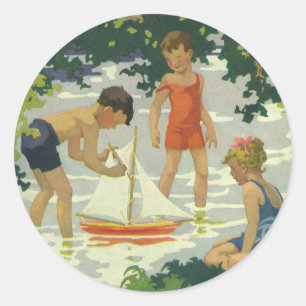Vintage Children Playing Toy Sailboats Summer Pond Classic Round Sticker